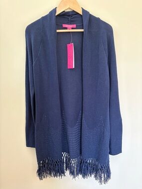 Lilly Pulitzer Tatum Fringe Open Hang Cardigan Size S Navy Blue New with Tags